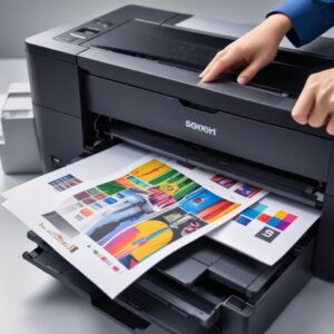 Tampilan close-up sebuah printer inkjet yang mencetak dokumen berwarna, dengan tumpukan kertas di sampingnya dan tangan yang sedang menekan tombol.