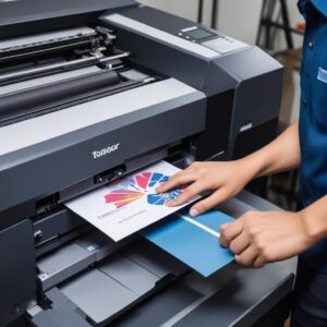 Tampilan close-up tangan teknisi yang sedang membongkar printer dengan alat khusus, menunjukkan suku cadang asli di atas meja. Latar belakang adalah bengkel service printer yang bersih dan profesional.