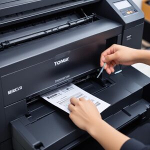 Tampilan close-up tangan yang sedang menunjuk spesifikasi printer di sebuah toko, menunjukkan detail layar LCD printer dan tombol-tombolnya, dengan fokus pada pengalaman pengguna langsung.