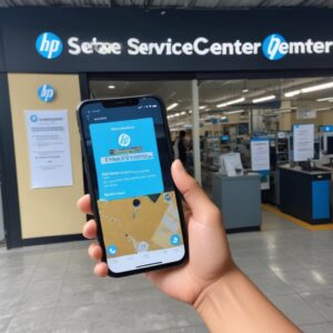 Tampilan peta lokasi service center HP resmi terdekat di layar smartphone, dengan pin lokasi yang menunjuk ke bangunan.