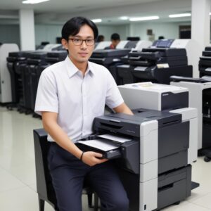 Tangan sedang membersihkan bagian dalam sebuah printer monokrom dengan hati-hati, dengan latar belakang lingkungan kantor yang bersih, menunjukkan kemudahan perawatan.