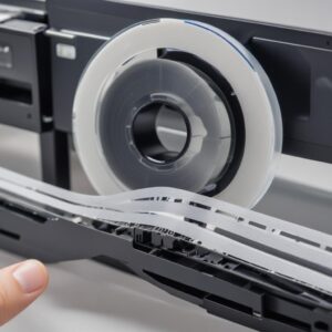 Tangan sedang membersihkan encoder strip transparan di dalam printer dengan hati-hati menggunakan kain mikrofiber.