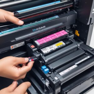 Tangan sedang membersihkan head cartridge printer dengan tisu basah, menunjukkan area nozzle cartridge yang kotor. Dengan fokus pada detail kepala cartridge dan sisa tinta kering.