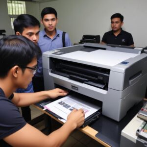 Tangan sedang membersihkan kepala cetak printer atau mengisi ulang tinta botolan ke tangki CISS, menunjukkan aktivitas perawatan printer untuk menghemat biaya.