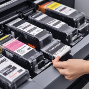 Tangan sedang memegang dua jenis cartridge printer: satu original dengan kemasan rapi dan satu compatible dengan merek alternatif, menunjukkan perbedaan kemasan dan label.