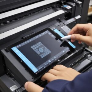 Tangan sedang menekan layar sentuh pada panel kontrol printer HP, menunjukkan fitur konektivitas dan aplikasi HP Smart di latar belakang tablet atau smartphone.