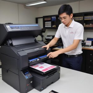 Tangan seorang teknisi sedang membersihkan head printer yang kotor, dengan fokus pada detail kecil di dalam printer.