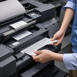 Tangan seorang teknisi sedang memperbaiki bagian dalam printer dot matrix yang terbuka, menunjukkan komponen mekanis yang rumit dan kabel-kabel.