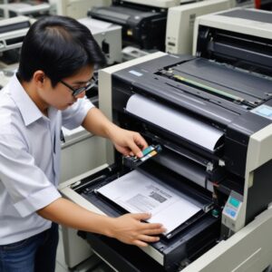 Tangan seorang teknisi sedang menunjukkan bagian dalam printer yang sedang diperbaiki, dengan fokus pada komponen elektronik kecil.