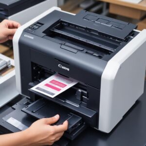 Tangan seorang teknisi yang sedang memegang print head printer Canon, menunjukkan proses pembersihan atau inspeksi. Detail komponen kecil terlihat jelas.