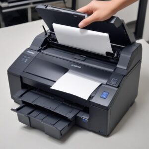 Tangan seseorang menggunakan suntikan (tanpa jarum) untuk meneteskan cairan pembersih head ke bagian head printer Epson. Ada tissue atau kain microfiber di dekatnya.