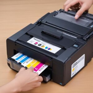 Tangan yang sedang memasukkan cartridge tinta baru ke dalam printer dengan hati-hati, menunjukkan langkah-langkah pemasangan yang benar. Latar belakang menunjukkan kertas yang baru dicetak dengan hasil yang jelas dan tajam.