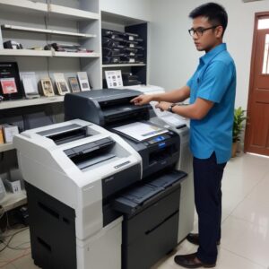 Teknisi profesional sedang memperbaiki printer di lokasi pelanggan dengan peralatan lengkap, di latar belakang terlihat suasana kantor modern.