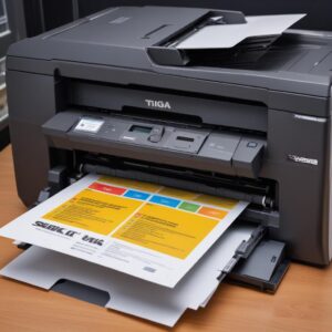 Tiga jenis cartridge toner printer (original, kompatibel, remanufaktur) diletakkan di atas meja, dengan label yang jelas membedakan ketiganya, di samping sebuah printer laserjet.
