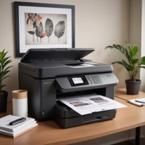 Tiga jenis printer HP yang berbeda: satu printer laser monokrom, satu printer inkjet PageWide yang ramping, dan satu printer OfficeJet All-in-One yang kompak. Fokus pada desain modern dan fungsionalitasnya.