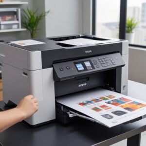 Tiga jenis printer (inkjet, laser, dan multifungsi) diatur berjejer dengan beberapa dokumen tercetak di sampingnya, menunjukkan kesiapan operasional.