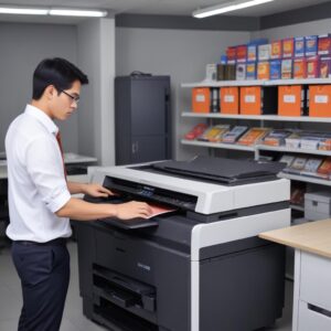 Tiga jenis printer modern (multifungsi, laser, inkjet) ditampilkan berjajar di sebuah kantor yang bersih, dengan orang-orang bekerja di latar belakang, menunjukkan pilihan dan fleksibilitas.
