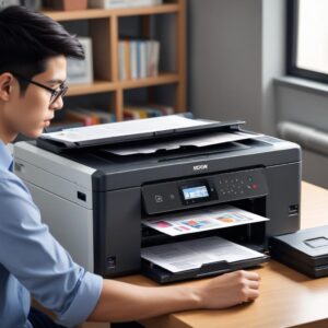 Tiga jenis printer yang berbeda (inkjet, laser, multifungsi) berjajar rapi di atas meja, dengan ikon-ikon kecil di atasnya yang mewakili fungsi masing-masing (warna, kecepatan, scan/copy).