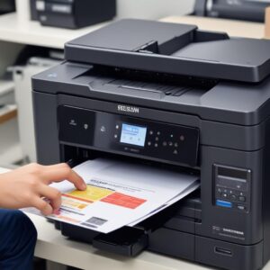 Tiga jenis printer yang berbeda (inkjet, laser, multifungsi) berjejer rapi di atas meja, dengan label harga sewa per hari yang transparan di depannya.