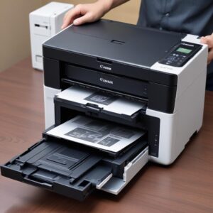 Tiga kartrid printer yang berbeda (Canon, HP, Epson) disajikan secara berdampingan, dengan satu kartrid baru di dalam kotak dan satu kartrid bekas yang terbuka, menunjukkan head printer yang mungkin mampet.