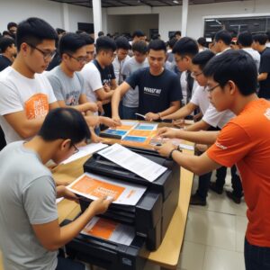 Tiga orang (startup founder, karyawan, dan event organizer) sedang berdiskusi dengan senyum, di meja ada brosur dan dokumen tercetak rapi dari printer. Mereka sedang menunjuk ke arah printer multifungsi yang canggih.