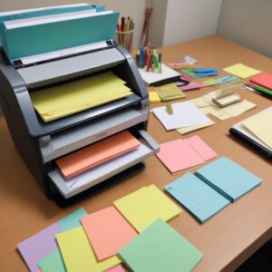 Tumpukan berbagai macam perlengkapan kantor habis pakai seperti pulpen, kertas, sticky notes, stapler, dan isi staples, tertata rapi di atas meja. Fokus pada variasi barang konsumabel.