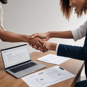 Two people shaking hands over a table with a laptop displaying a digital document, emphasizing trust and agreement in a rental process.