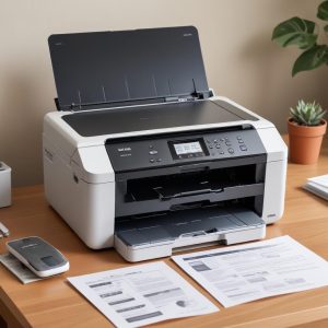 A Brother J1010dw all-in-one printer with a small home office setup, showing a laptop and some documents being printed, emphasizing its compact size and wireless capability.