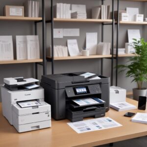 A Canon G7020 All In One Printer on a clean office desk, surrounded by stacks of printed documents and a smartphone wirelessly connected to the printer, highlighting its multi-functionality and connectivity. The image should convey efficiency and modern office use.