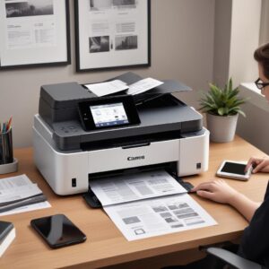 A busy home office desk with a Canon G3260 All In One Printer wirelessly printing documents, a laptop, and a smartphone, depicting productivity and connectivity.