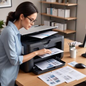 A busy home office setup with the Canon G7020 printer prominently placed, showing a person efficiently using its ADF for scanning documents, illustrating productivity.