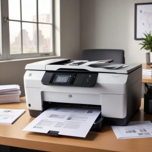 A clean and well-maintained HP Officejet J4580 All In One printer sitting on a desk with a stack of perfectly printed documents beside it, suggesting optimal performance and reliability. Sunlight streams through a window in the background.