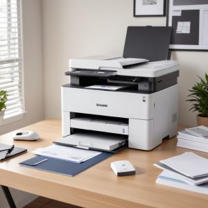 A clean, well-organized home office desk with a sleek, professional-looking all-in-one laser printer with an ADF unit, alongside a laptop and neatly stacked documents, emphasizing productivity and efficiency.