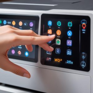 A close-up of a printer's control panel, showing a finger touching a colorful touchscreen display, with Wi-Fi symbols and print options visible, emphasizing ease of use and connectivity.