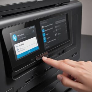 A close-up of an HP Wifi printer's control panel, possibly a touchscreen, displaying a WiFi connection status and a menu for print, scan, copy functions. A hand is gently interacting with the screen.