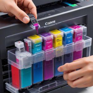 A close-up shot of a Canon MegaTank (ink tank) printer, showing the transparent ink tanks filled with vibrant colored inks, with a hand refilling one of the tanks from a bottle. Emphasizes cost-saving and ease of use.