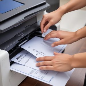 A close-up shot of a hand placing multiple documents into the Automatic Document Feeder (ADF) of an all-in-one laser printer, highlighting the scanning/copying function for multiple pages.