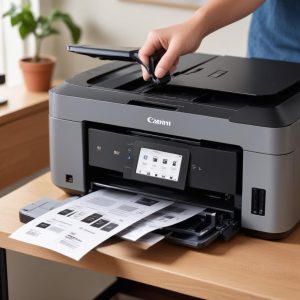 A close-up shot of a hand refilling an ink tank of a Canon Pixma G3020 printer with a bottle of ink, emphasizing the ease and cost-effectiveness of the ink tank system. The background is a blurred home office setting.