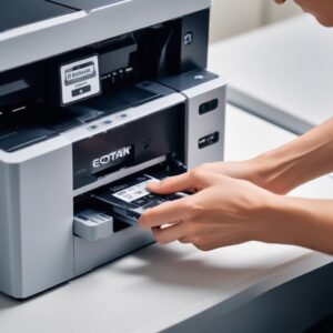 A close-up shot of a hand refilling an ink tank printer (EcoTank or Smart Tank style) with a bottle of ink. The printer screen shows low ink levels, and the action highlights the ease and cost-effectiveness of refilling.