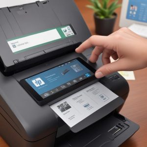 A close-up shot of the HP OfficeJet 250 Mobile All-in-One's touchscreen display, showing an intuitive menu for printing, scanning, and copying. A hand is gently tapping the screen, emphasizing its user-friendly interface. In the background, blurred office supplies hint at its professional use.
