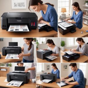 A collage image showing different uses of the Canon Pixma G2010 Printer All In One Ink Tank: a student printing assignments, a small business owner scanning documents, and a family printing photos. Showcasing its versatility.