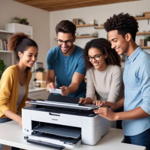 A diverse group of people (student, home user, small business owner) happily using an Inkjet All In One Printer for different tasks (printing photos, scanning documents, copying receipts) in a bright, collaborative environment, emphasizing versatility.