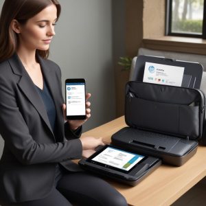 A dynamic image showing the HP OfficeJet 250 Mobile All-in-One printer inside an open, stylish laptop bag, next to a smartphone wirelessly connected to it. Documents are visible, suggesting immediate on-the-go printing. The background is a modern, clean workspace.