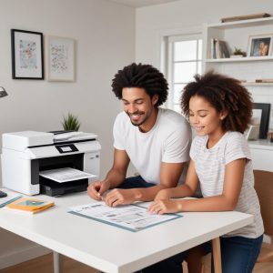 A family happily using a modern, sleek white all-in-one printer in a home office setting, with a child printing homework and a parent scanning documents.