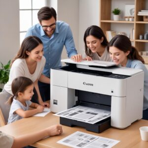 A family or a small business team happily using the Canon Printer All In One G3010 for various tasks (printing documents, scanning photos, copying reports), emphasizing its versatility and efficiency for different users.