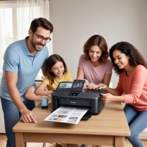 A family (parents and a child) happily gathered around the Canon Pixma G3290 printer, looking at freshly printed photos or documents, highlighting its utility for diverse household needs and ease of use.