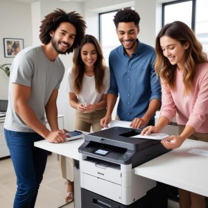 A group of diverse people (student, small business owner) happily using different functions of an All-In-One Brother Printer, such as mobile printing and scanning, in a bright, modern office or home setting, representing its versatility for various users.