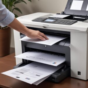 A hand placing a stack of documents into the Automatic Document Feeder (ADF) of an HP LaserJet All-in-One printer. The printer screen shows a