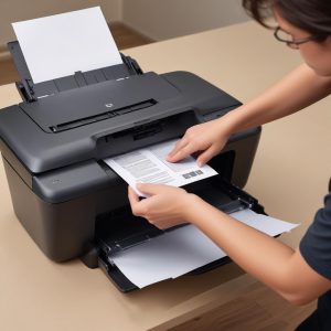 A person carefully removing a jammed paper from the paper tray of an HP Deskjet 1050 All-in-One J410 Series printer, illustrating a common solution.