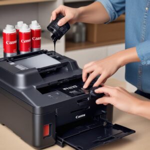 A person easily refilling the ink tanks of a Canon Pixma G4010 Black printer with original Canon ink bottles, highlighting the spill-free design.